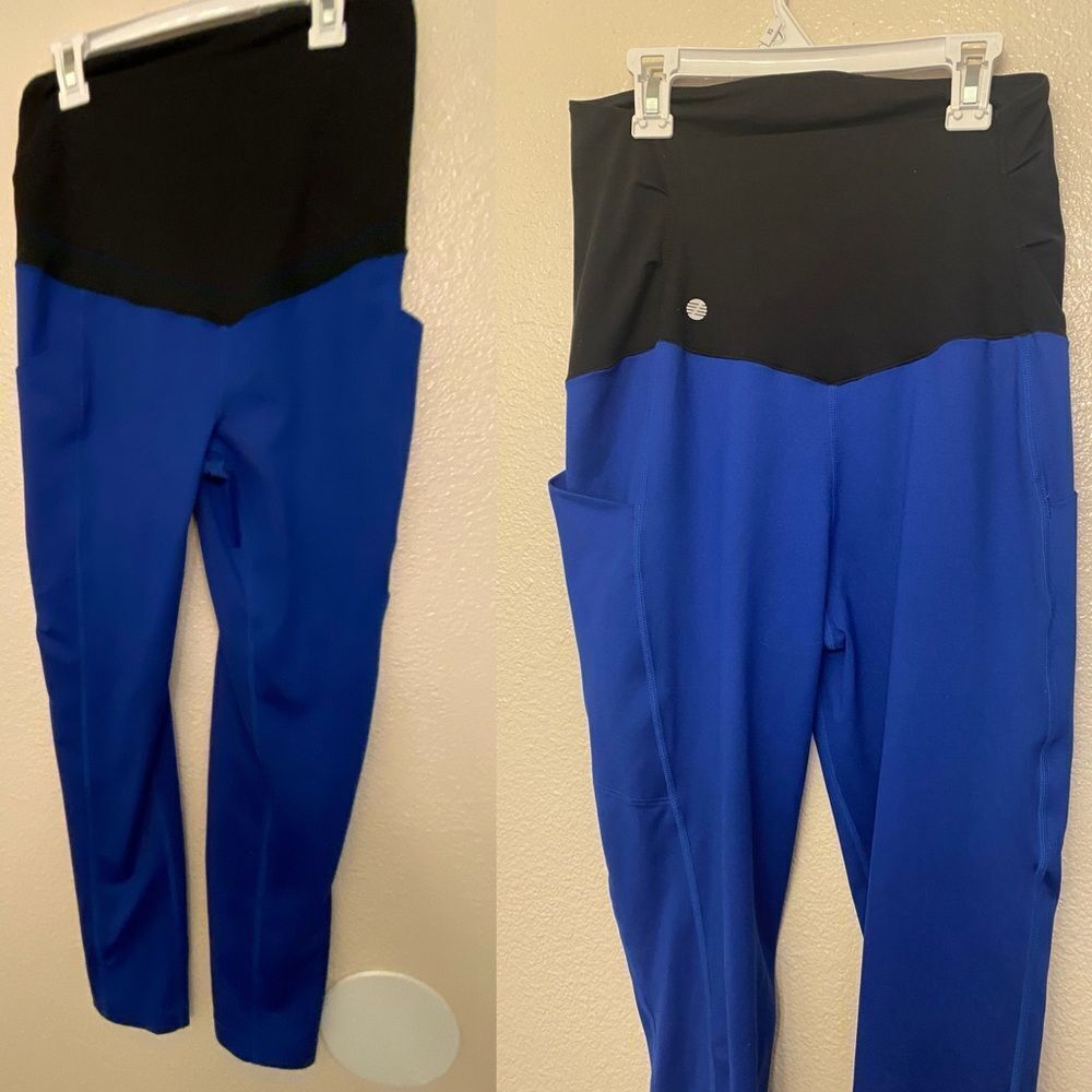 Zella Womens maternity Stretch hi rise full length Leggings blue black pockets S